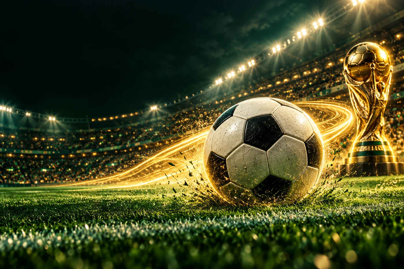 Soccer Win: bola de futebol e troféu em um estádio iluminado.